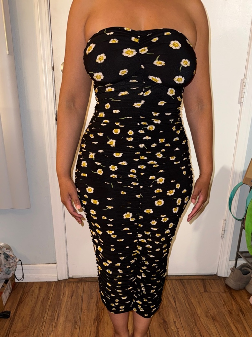 Norma Kamali Black Strapless Midi Dress with Yellow Daisy Print - Picture 3 of 7